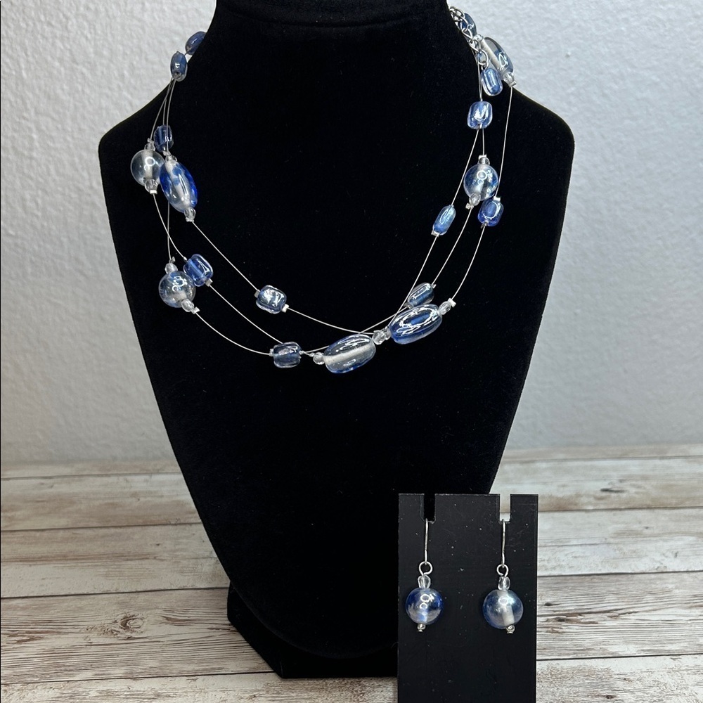 Elegant Blue and Silver Glass Beaded Necklace and Earring Set